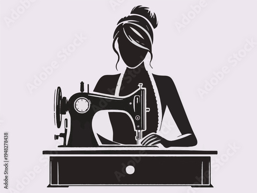 Silhouette Of A Woman Sewing On An Antique Sewing Machine tailor dressmaker