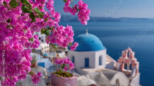 Charming Santorini Scene with Vibrant Bougainvillea Flowers and Traditional Architecture Overlooking the Aegean Sea