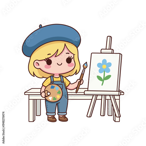A charming illustration of a young girl painting a flower, representing creativity and inspiration, ideal for children's art programs or creative branding.