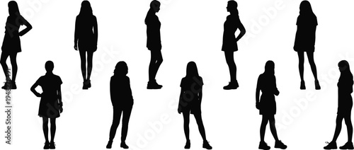 Women silhouettes collection, female standing poses set, fashion girls shadow figures isolated illustration pack