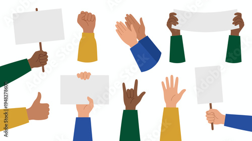 Diverse marketing managers hands holding blank placards and showing various gestures like clapping and thumbs up, concept for business protest, corporate strike and employee rights advertising
