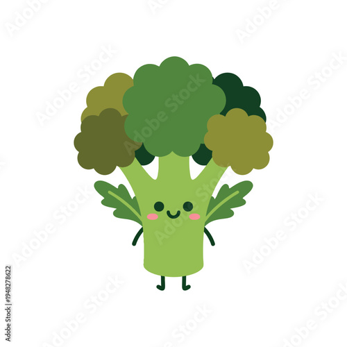 A fun and adorable cartoon representation of a broccoli character with a cheerful expression, highlighting the importance of healthy eating in a playful manner.