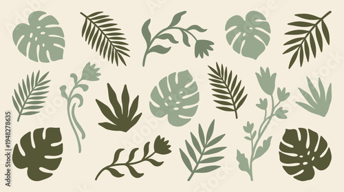 Hand drawn collection of tropical monstera and palm leaves in muted earth tones on beige background, concept for organic branding, botanical wedding stationery and creative social media aesthetic