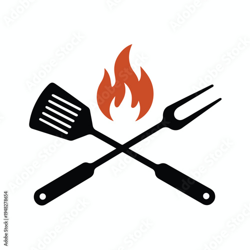 Barbecue grill tools spatula and fork crossed with flame icon Keywords: barbecue, grill, tools, spatula, fork, crossed, flame