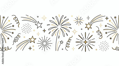 Seamless horizontal border of hand drawn black and gold festive fireworks stars and streamers on white background, concept for festive invitation design, holiday banner and social media post