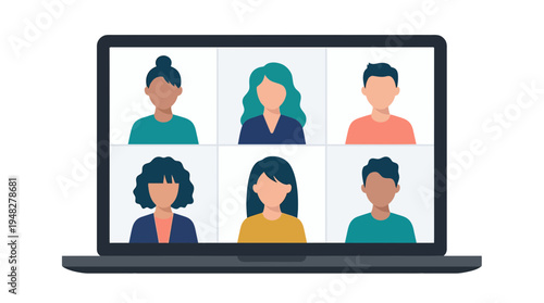 Laptop screen displaying diverse team of marketing managers and project leaders in virtual meeting grid, concept for remote collaboration, corporate communication and digital workspace
