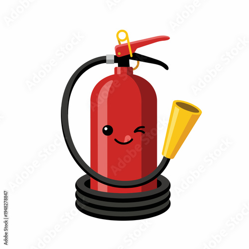 An adorable cartoon-style fire extinguisher featuring a smiling face, embodying safety in a fun and approachable manner, promoting fire safety awareness with a cheerful twist.