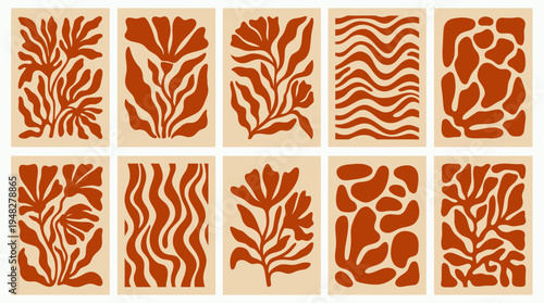 Abstract botanical and organic hand drawn cutout shapes set in terracotta and beige contemporary minimalist style, concept for wall art decor, textile pattern and branding identity