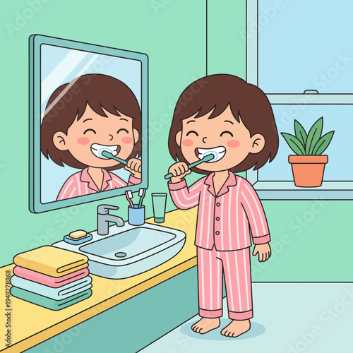 A joyful child in cute pajamas happily brushes their teeth in a bright and colorful bathroom, reinforcing the importance of dental hygiene in a cheerful and playful way.