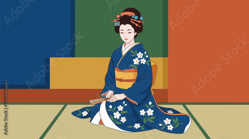 This image features a traditional Japanese woman in a beautifully detailed kimono, highlighting the rich cultural heritage and artistry of Japan's historic fashion.