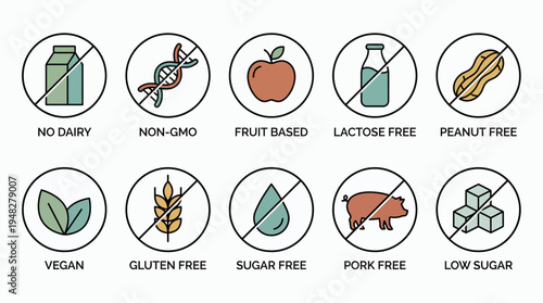 Set of food allergen icons with vegan gluten free and lactose free symbols on white background, concept for product packaging design, healthy lifestyle marketing and menu labeling