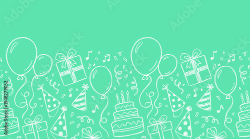 Hand drawn party doodle border with balloons cakes gifts and party hats on turquoise background, concept for birthday invitation, celebration background and festive card design