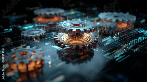 Enterprise system integration visualization with holographic gears and workflow diagrams, corporate technology environment