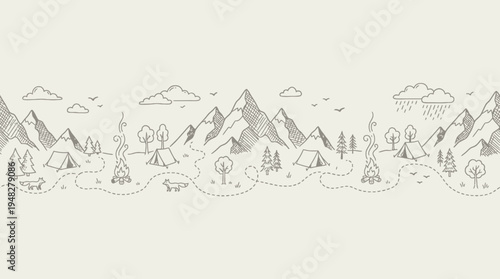 Seamless panoramic handdrawn doodle landscape featuring mountains, tents, campfires and foxes, concept for outdoor adventure web design, travel brochure and children activity pattern