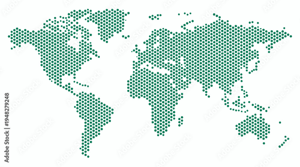 Fototapeta premium World map made of small green circular dots arranged in a hexagonal pattern isolated on white background, concept for global logistics, international business and environmental sustainability