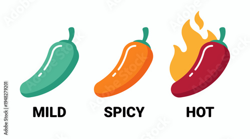 Set of three colorful chili pepper icons representing different heat levels from mild to hot with fire flames, concept for restaurant menu design, food packaging labels and spicy product branding