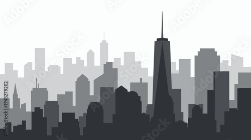 Grayscale vector silhouette of minimalist modern city skyline with skyscrapers landscape, concept for architectural design, metropolitan background and urban planning graphic presentation