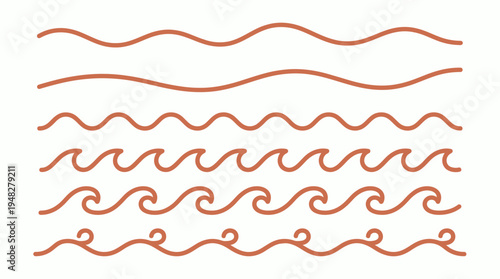 Collection of hand drawn minimalist wave line patterns in terracotta brown color isolated on white background, concept for graphic design elements, nautical theme borders and creative decoration