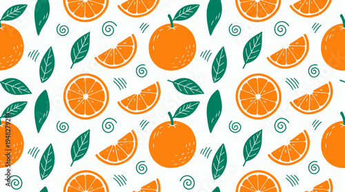 Seamless pattern with hand drawn fresh oranges whole fruit slices and green leaves on white background, concept for textile printing, summer wallpaper and juice packaging design