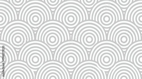 Abstract white and grey seamless pattern featuring geometric concentric circles and arched wave shapes, concept for elegant interior wallpaper, modern website backdrop and luxury fabric design