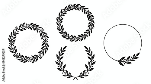 Set of four black circular laurel wreaths and floral leaf frame silhouettes isolated on white background, concept for luxury branding, organic wedding invitation and award certificate design