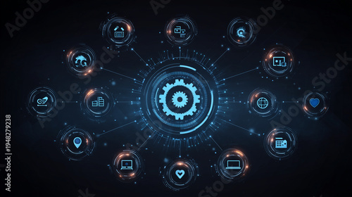 Digital business ecosystem with connected gear icons representing company departments, futuristic UI design