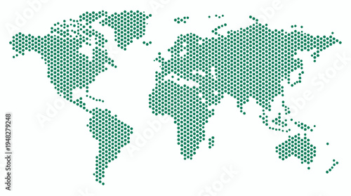 World map made of small green circular dots arranged in a hexagonal pattern isolated on white background, concept for global logistics, international business and environmental sustainability