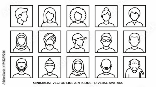 Minimalist black and white line art vector icons featuring diverse professional employee avatars, concept for corporate team directory, business office staff and user account profiles