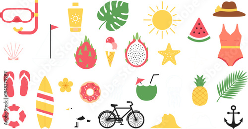 Summer Beach Icon Set with Sunglasses, Ice Cream, Fruits, Surfboard, and Tropical Elements for Vacation Designs