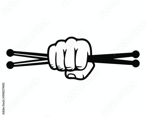 Fist holding drumsticks in black and white vector art Keywords: fist, drumsticks, holding, drumming, music, rock, beat, rhythm