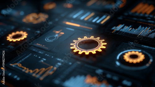 Digital operations management interface with glowing gear mechanisms and modern data visualization UI