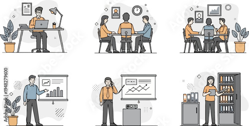 Diverse business scenes individual work, meetings, presentations, and organization