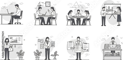Office vignettes individuals engaged in meetings, presentations, and individual work