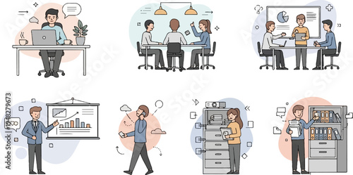 Diverse business people collaborate, present, and manage tasks in various office settings