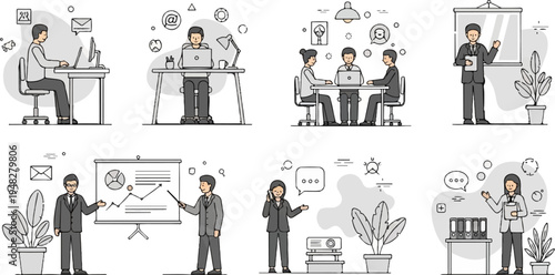 Business professionals collaborating, presenting, and communicating in office settings