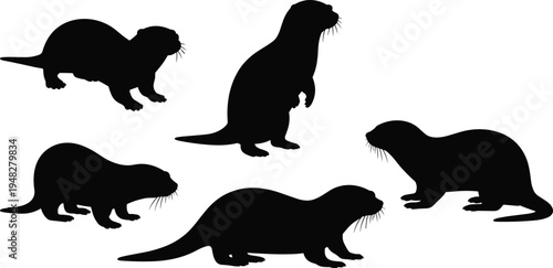 Otter silhouettes collection isolated on white background, black river otter animal shapes set, aquatic wildlife clipart bundle for nature, conservation, mascot and design