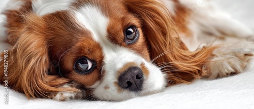 The dog resting on a soft white blanket with soulful expressive brown eyes