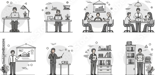 Business office scenes with people working, meeting, and presenting