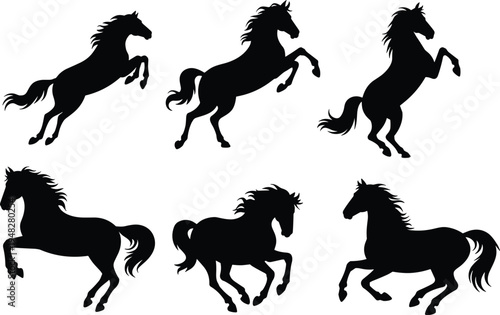 Running horse silhouettes collection isolated on white background, black wild horse shapes set, equestrian animal clipart bundle for ranch, farm, logo and design