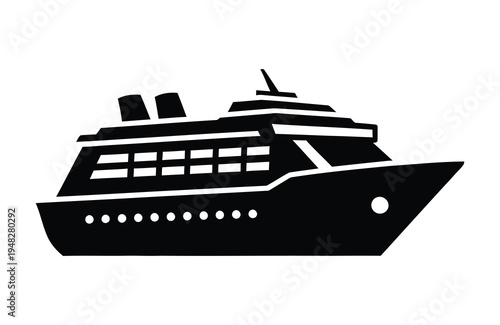 Black silhouette of a cruise ship on white background, modern minimalist icon for travel and leisure
