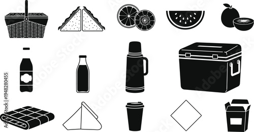 Silhouette of camping and picnic items isolated on transparent background