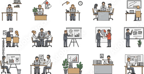 Diverse office scenes illustrating teamwork, presentations, and individual work (2)