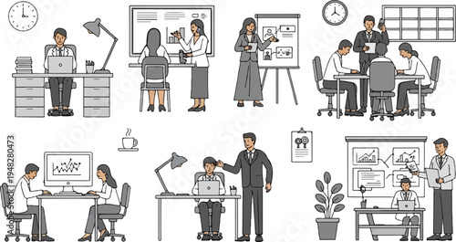 Diverse office scenes meetings, presentations, and individual work (1)