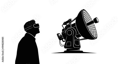Silhouette of a Person Wearing VR Goggles Next to a Satellite Dish.