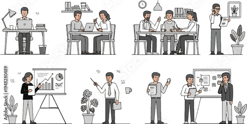 Diverse office scenes showcasing teamwork, presentations, and individual tasks