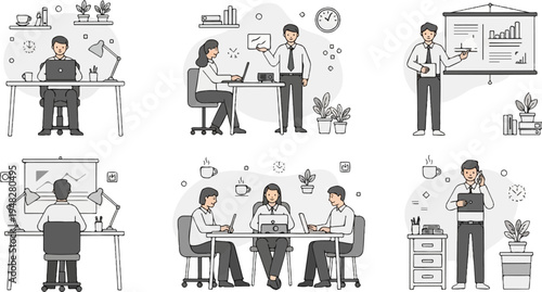 Diverse office scenes showing teamwork, individual work, and presentations