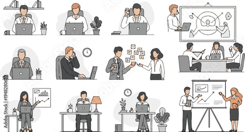 Diverse office workers engaged in various tasks at their desks and in meetings