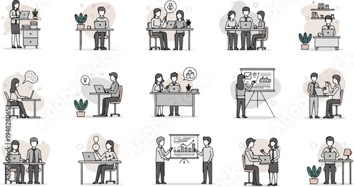 Diverse workplace scenarios with people working on laptops and collaborating