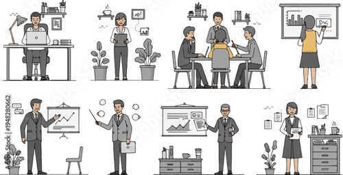 Office life scenes people working individually, in meetings, and presenting ideas