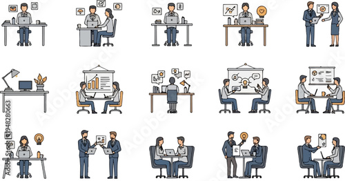 Diverse workplace scenes with people collaborating and working individually at desks